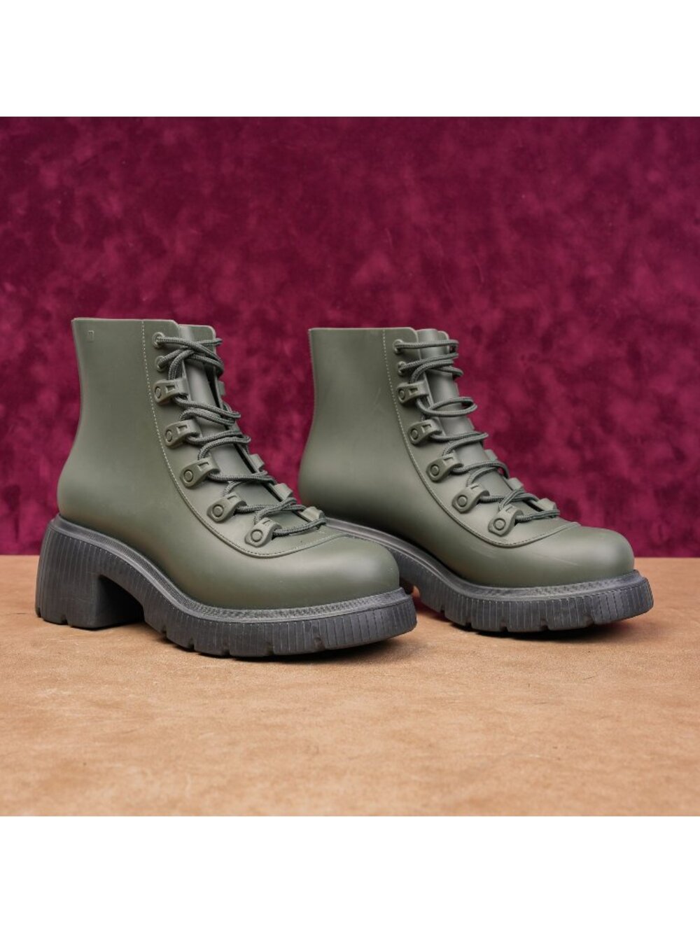 Melissa Women Cosmo Green Rubber Platform Festival Lace Combat Boots sz 9